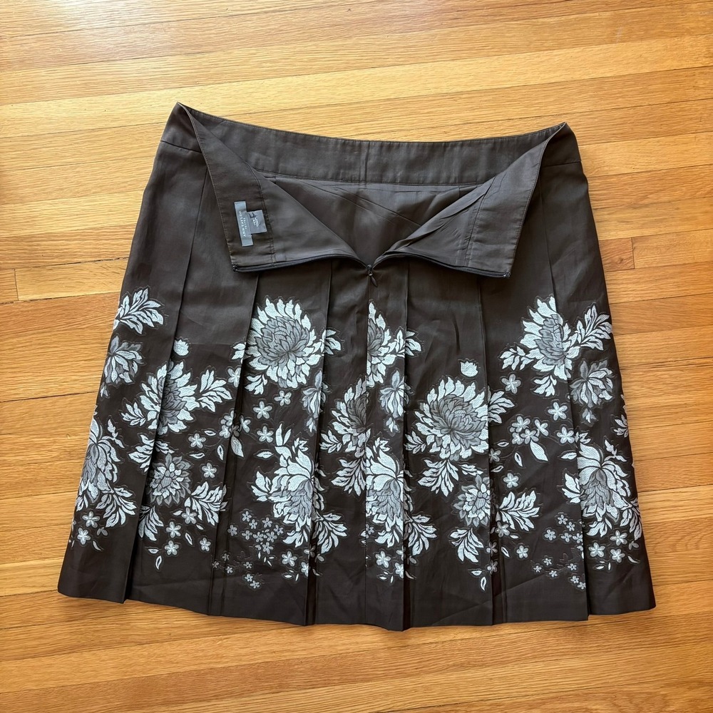 Ann Taylor Petites Brown Floral Jacquard Cotton Silk Pleated A-Line Skirt 14P - Picture 7 of 9
